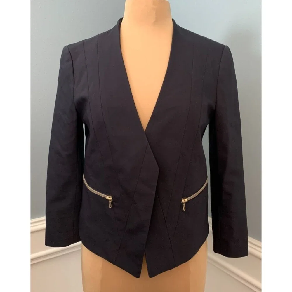 Ann Taylor Blazer Womens 6 Open Front Crop Navy Lined Pockets Jacket Academia